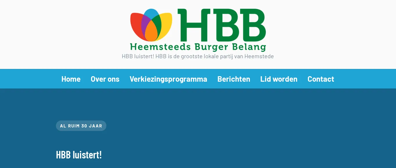 Bovenkant van de nieuwe homepage van Heemsteeds Burger Belang op een computer: logo, menu en kop