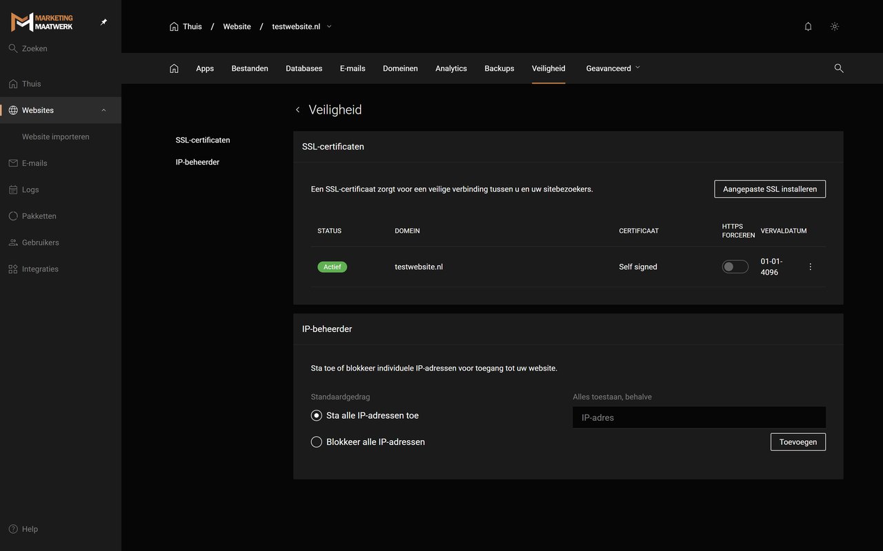 SSL en beveiliging in het Enhance panel