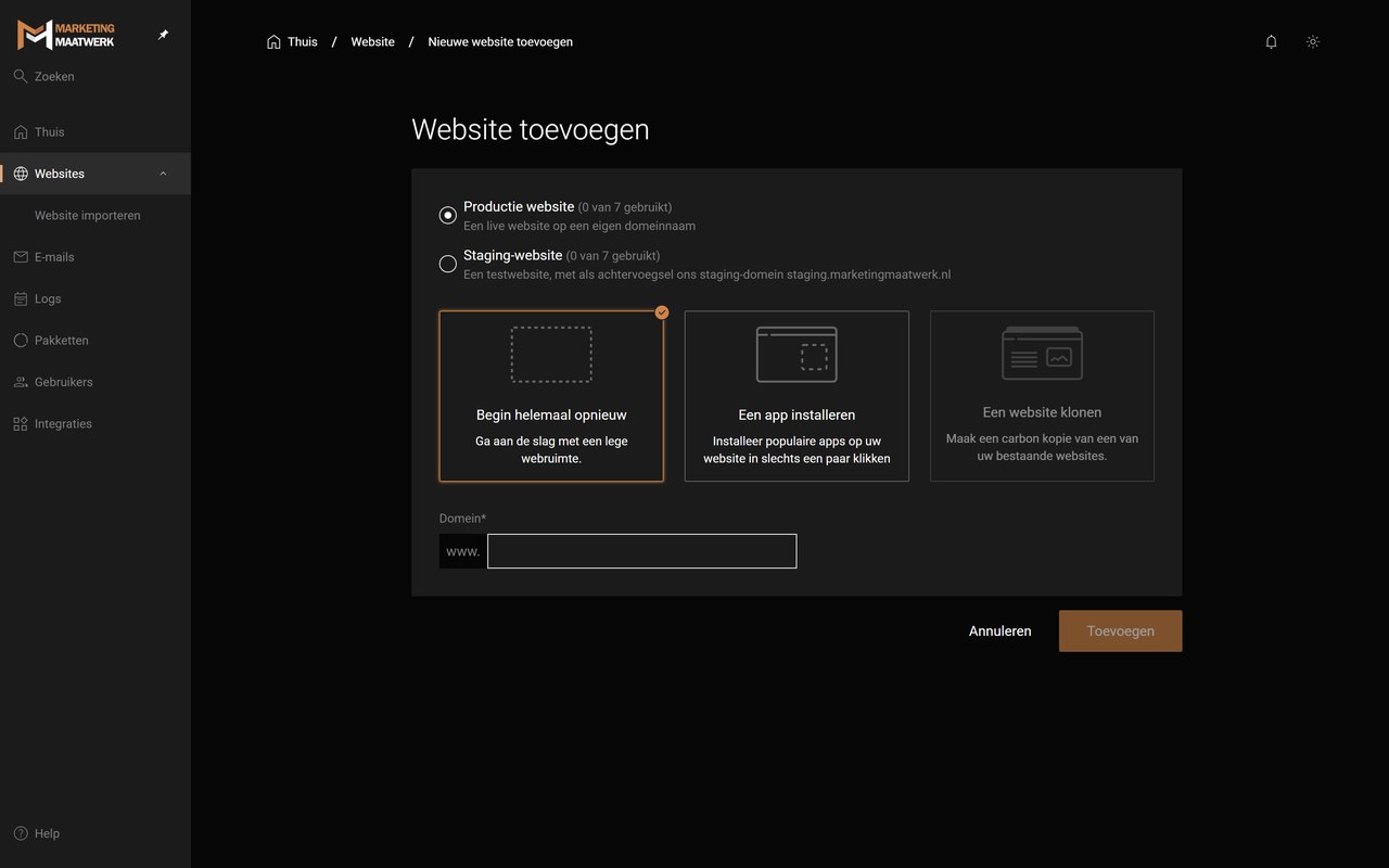 Een website toevoegen in het Enhance panel