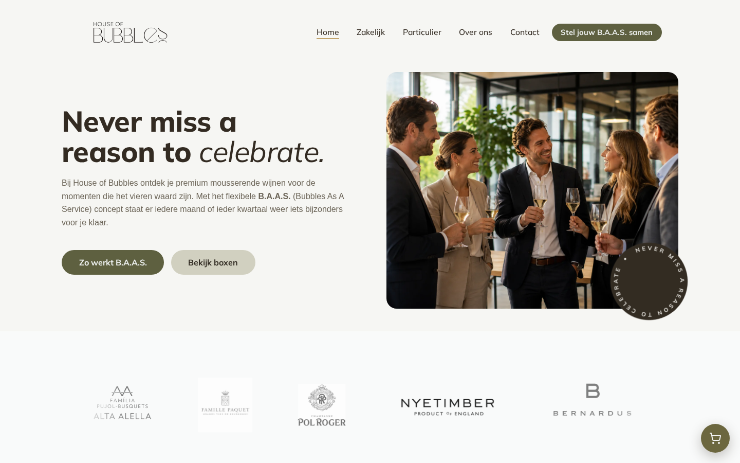 Homepage van de House of Bubbles webshop met de hero en champagnehuis-logos